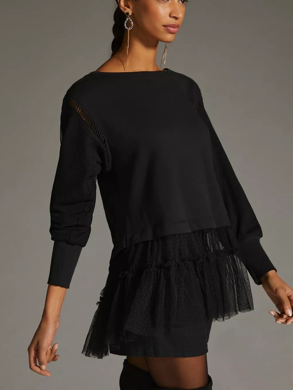 Women's Anthropologie Sweater Top Drew Mesh Tulle Tiered Hem Black Size Medium